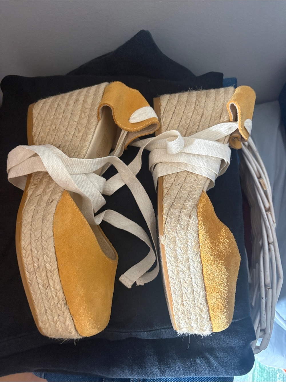 Espadrille Platform Wedge Lace-Up Shoes - Mustard Yellow. Made in Spain